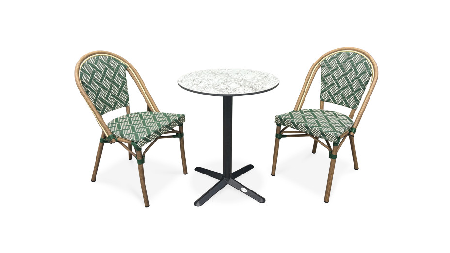 Lot composé d'une table de jardin BISTRO-TB60-HPL-MB et de 2 fauteuils BISTRO-FT-TEX-VERT empilables