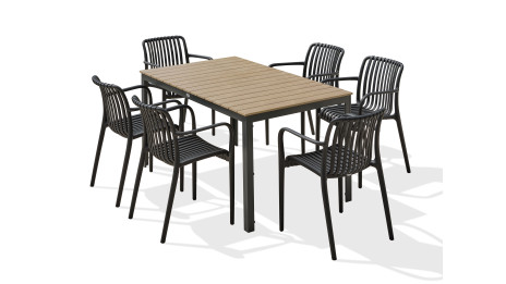 Lot composé d'une table BOSTON-TB150 et de 6 fauteuils de jardin empilables TIAGO-FT-NOIR