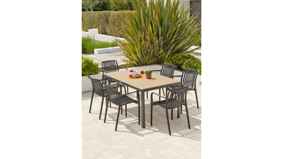 Lot composé d'une table BOSTON-TB150 et de 6 fauteuils de jardin empilables TIAGO-FT-NOIR
