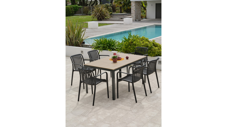 Lot composé d'une table BOSTON-TB150 et de 6 fauteuils de jardin empilables TIAGO-FT-NOIR