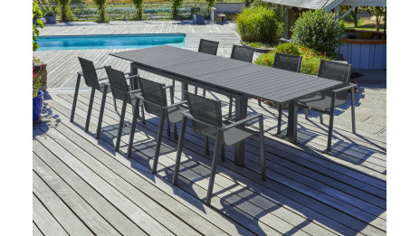 Lot composé d'une table de jardin MIAMI-TB300 avec rallonge et de 8 fauteuils ALU-MIAMI-FT empilables