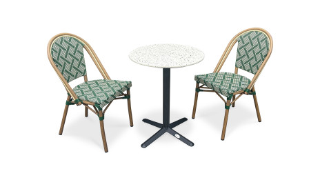 Lot composé d'une table de jardin BISTRO-TB60-TRZ et de 2 fauteuils BISTRO-FT-TEX-VERT empilables