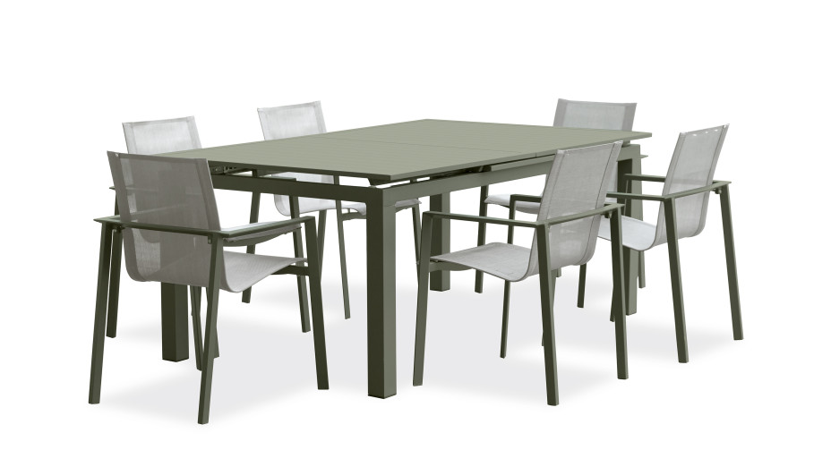 Lot composé d'une table de jardin MIAMI-TB240-KAKI avec rallonge et de 6 fauteuils MIAMI-FT-KAKI empilables