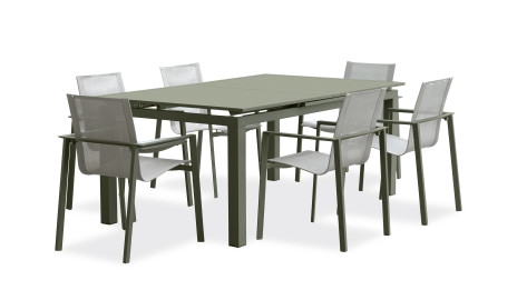Lot composé d'une table de jardin MIAMI-TB240-KAKI avec rallonge et de 6 fauteuils MIAMI-FT-KAKI empilables