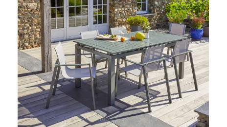 Lot composé d'une table de jardin MIAMI-TB240-KAKI avec rallonge et de 6 fauteuils MIAMI-FT-KAKI empilables