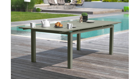Lot composé d'une table de jardin MIAMI-TB240-KAKI avec rallonge et de 6 fauteuils MIAMI-FT-KAKI empilables