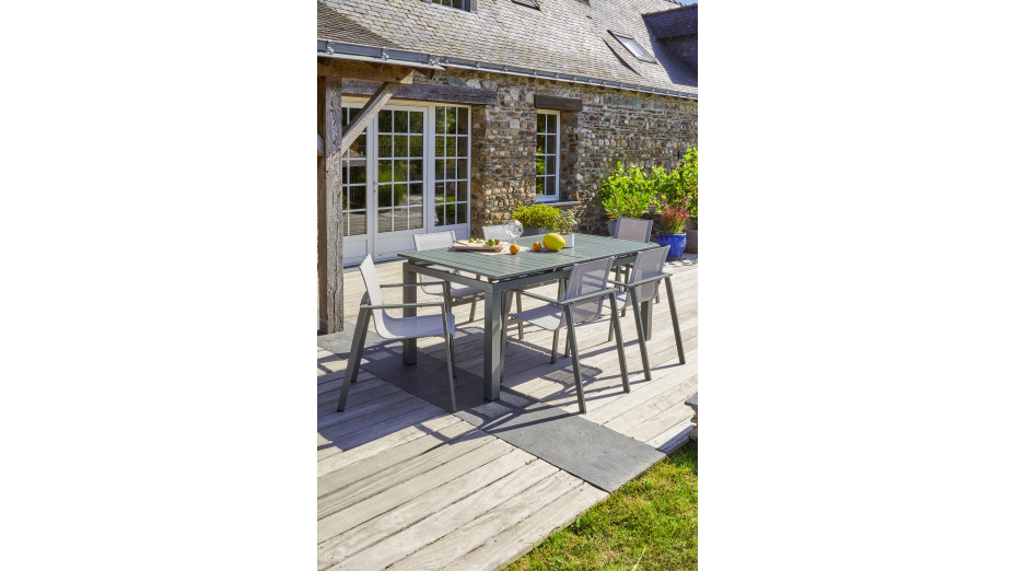 Lot composé d'une table de jardin MIAMI-TB240-KAKI avec rallonge et de 6 fauteuils MIAMI-FT-KAKI empilables