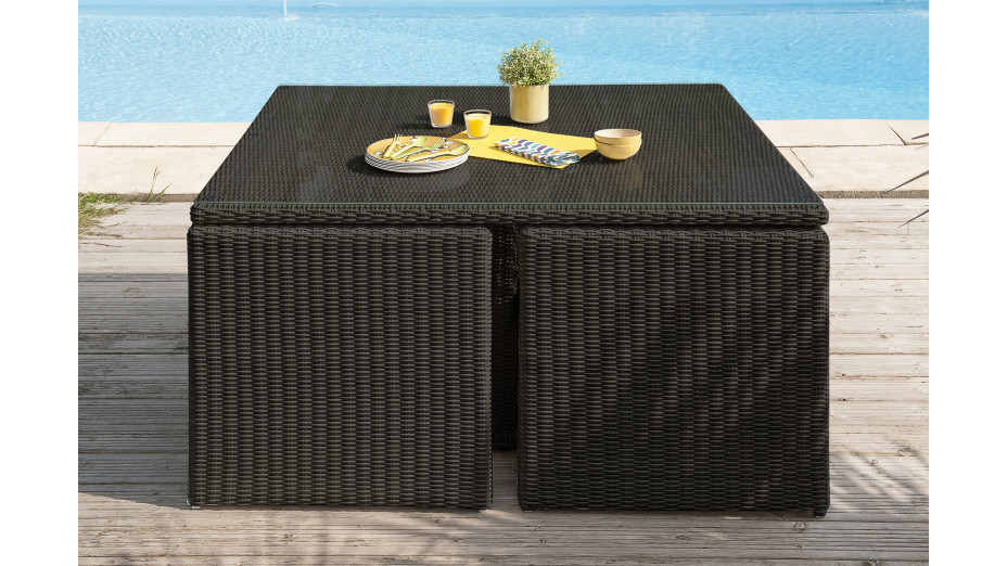 Ensemble repas de jardin OCEANE LUNCH encastrable 8 places en résine tressée et plateau verre - NOIR